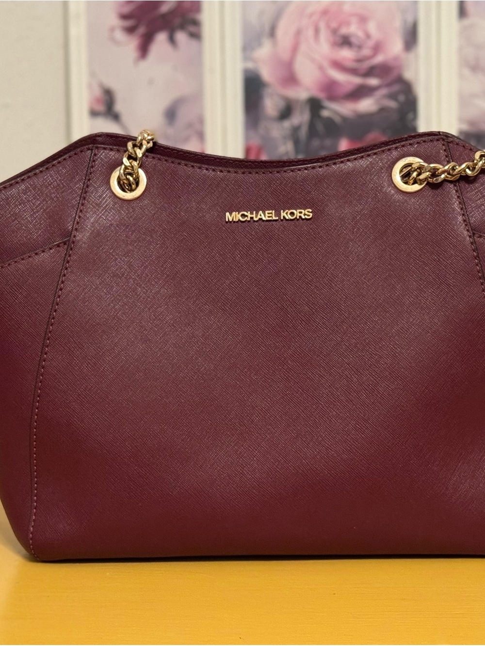 Michael Kors Wine Saffiano Leather Shoulder Bag with Gold Chain